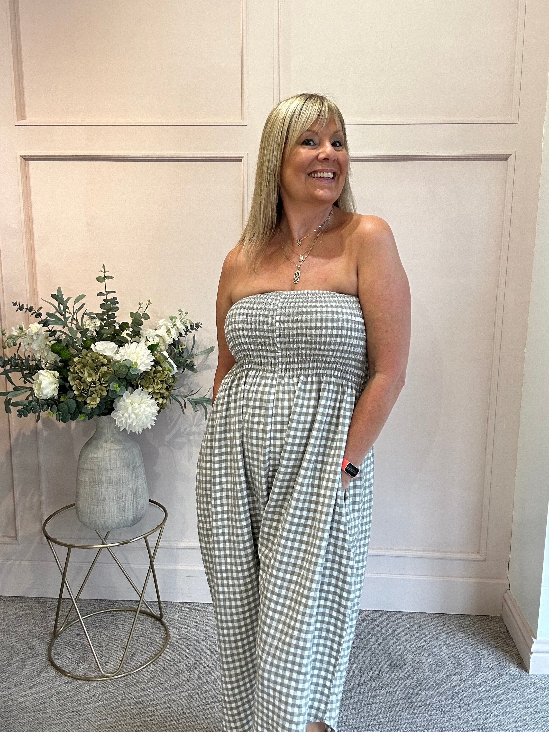 Elasticated Bodice & Gingham Jumpsuit - Taupe/White