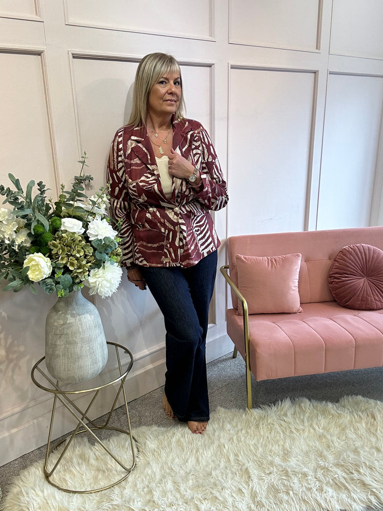 Leafy Double Breasted Jacket - Burgundy/Cream
