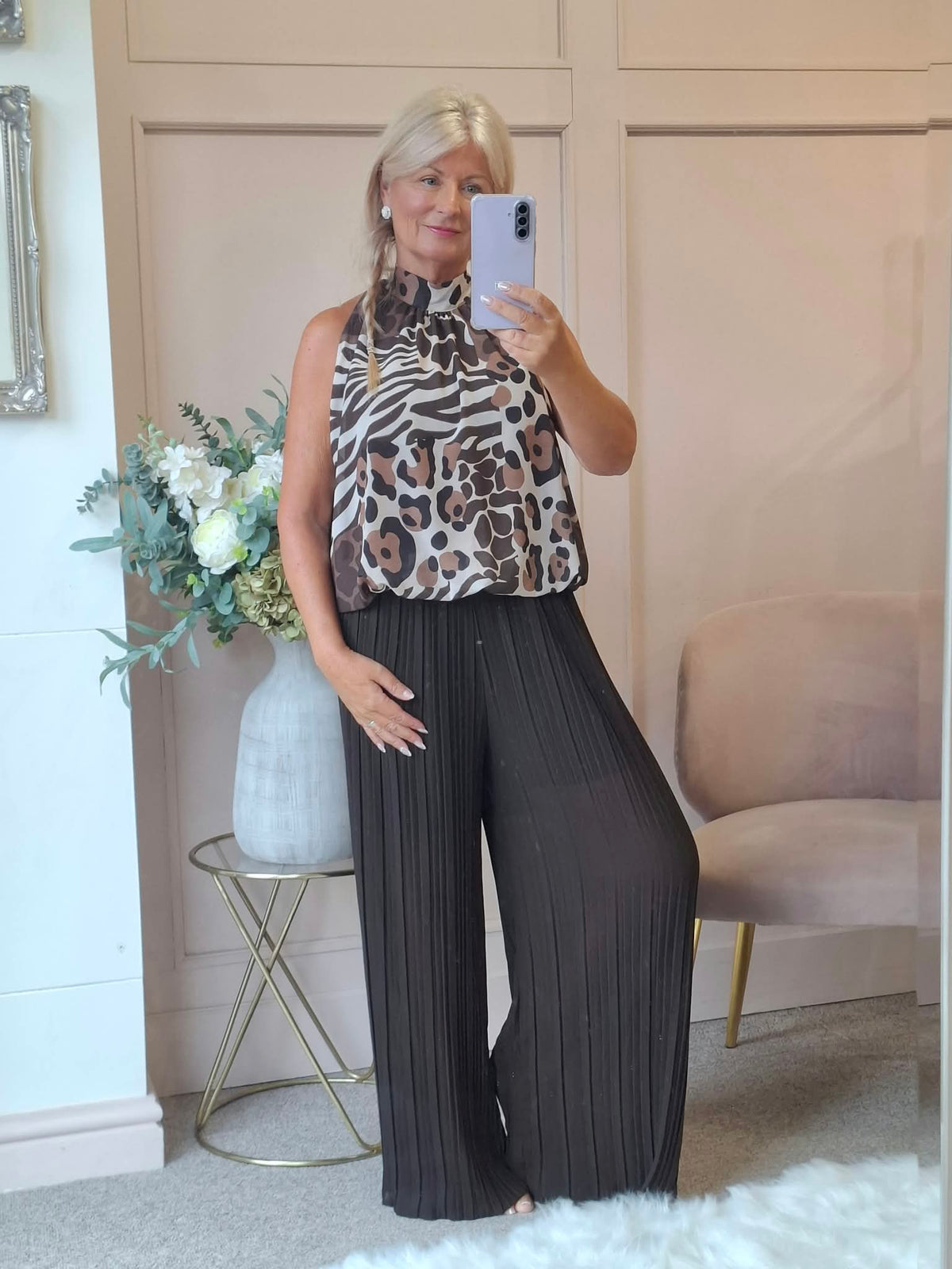 Zebra Halter Neck Top - Brown/Cream
