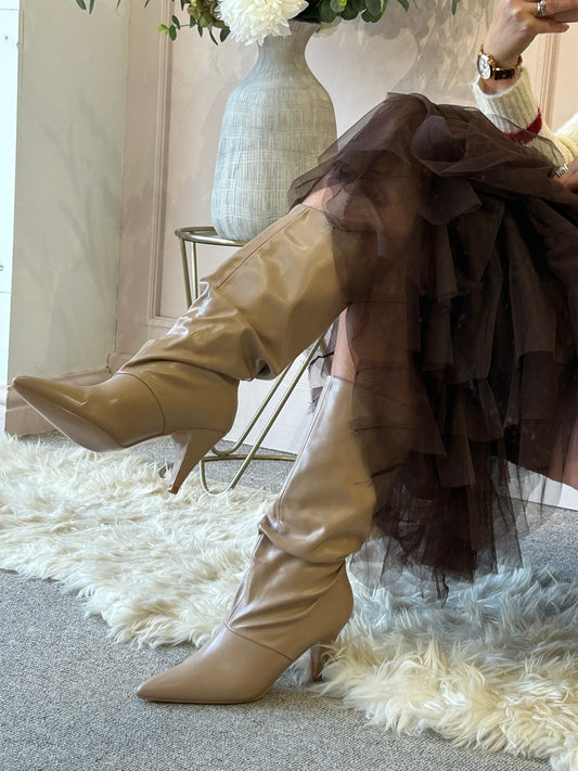 Ruched Pull On Boot - Beige