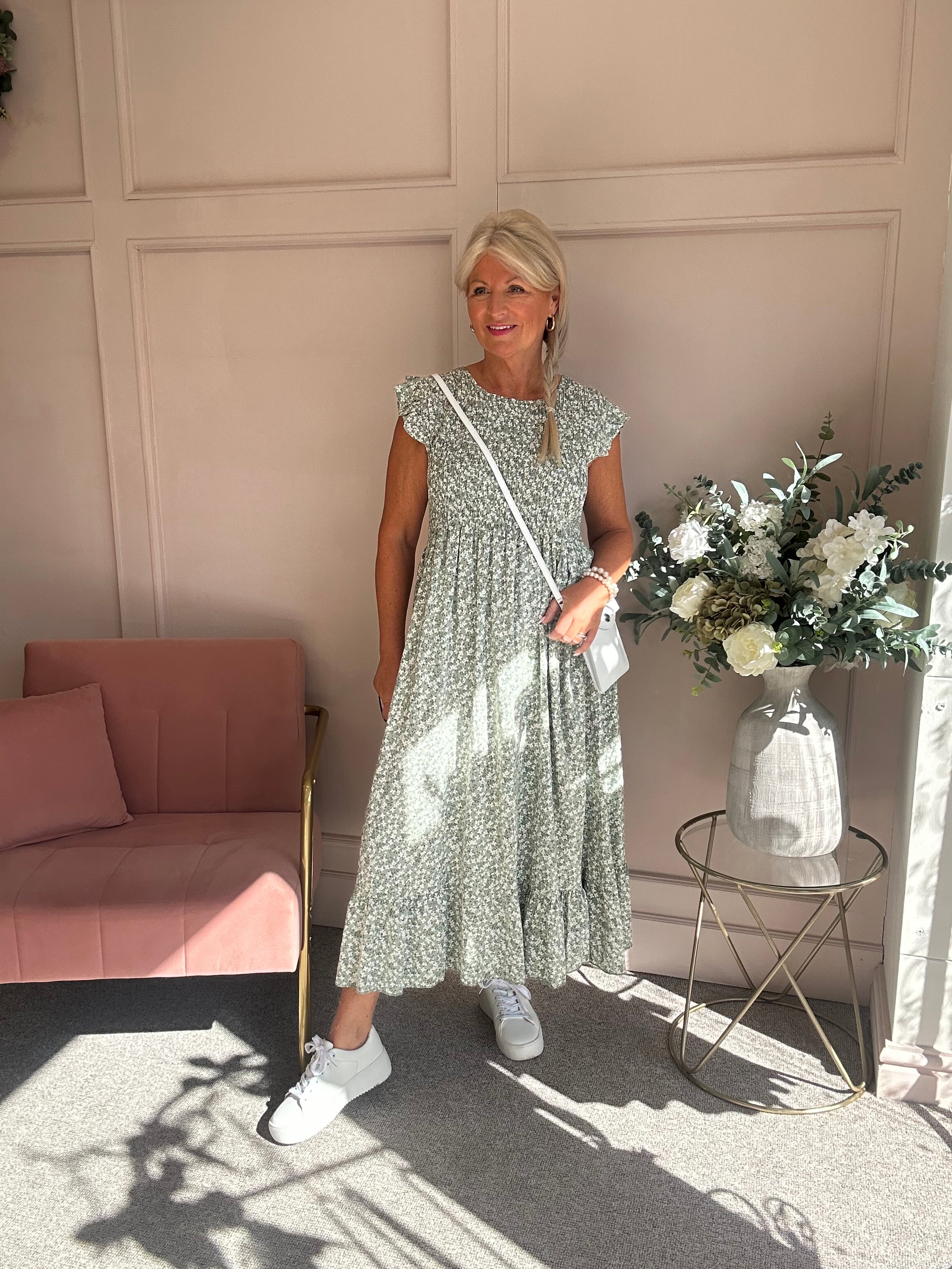 Ditsy Dress - Sage Green/White - Wardrobe By Simone