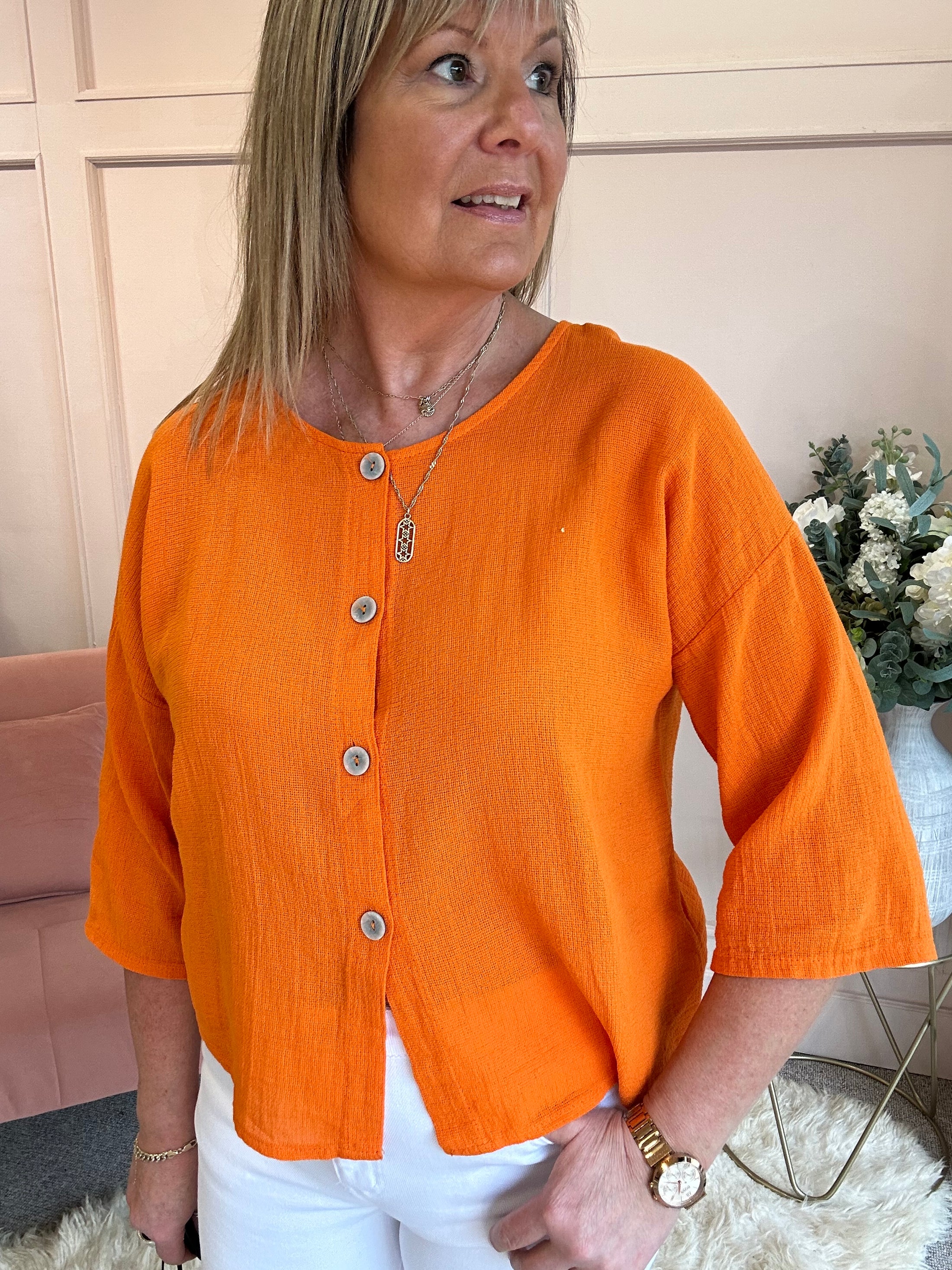 Cotton Buttoned Top  - Orange - Wardrobe By Simone