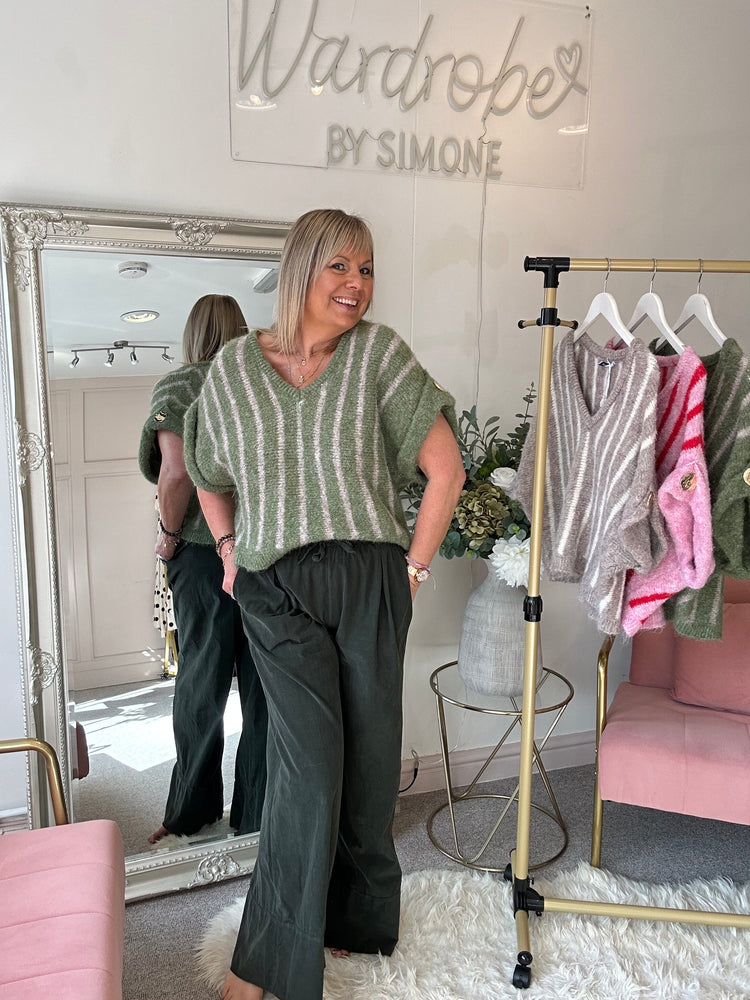 Gold Button Stipe Jumper - Green/Beige