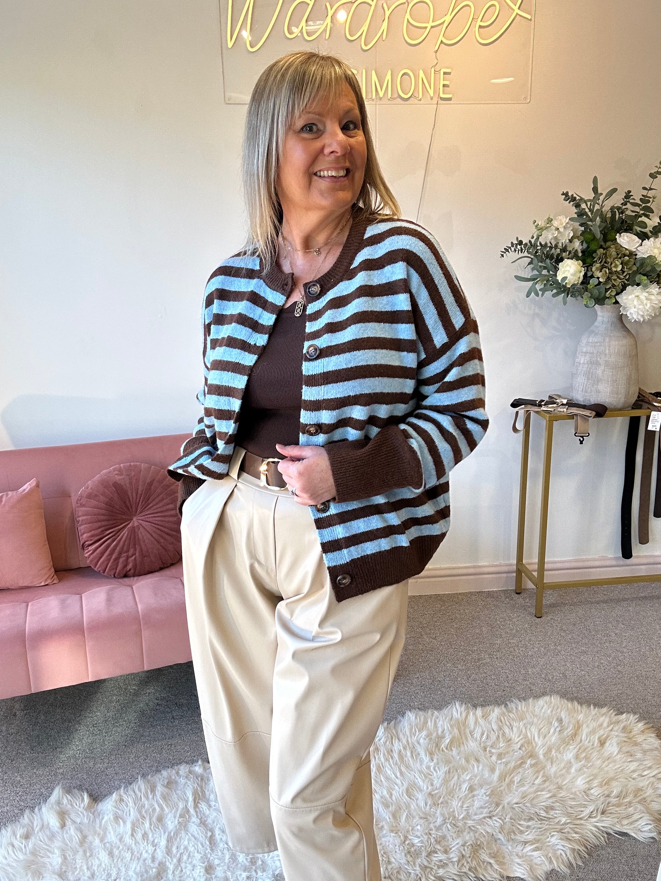 Fun Striped Button Cardigan -  Blue/Brown