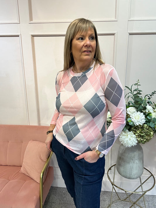 Diamond Shapes Mesh Top - Pink/Grey - Wardrobe By Simone