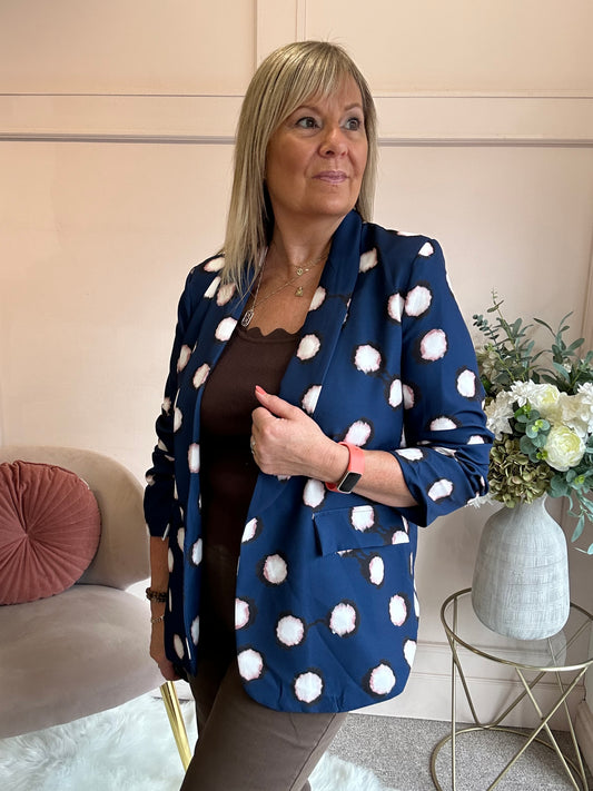 Spot & Ruched Sleeve Blazer - Blue/Cream
