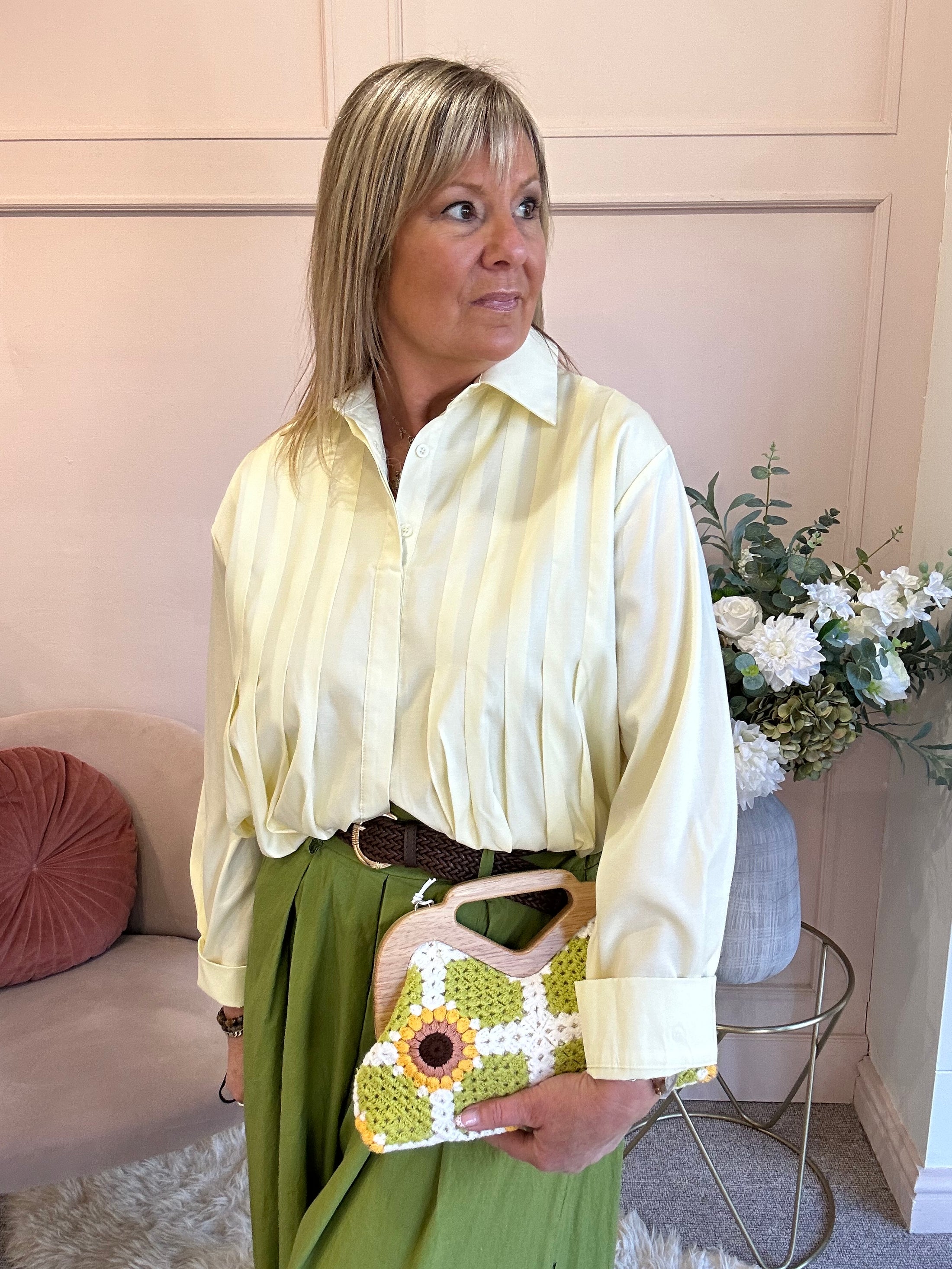 Sheer Shimmer Pleated Shirt - Lemon - Wardrobe By Simone
