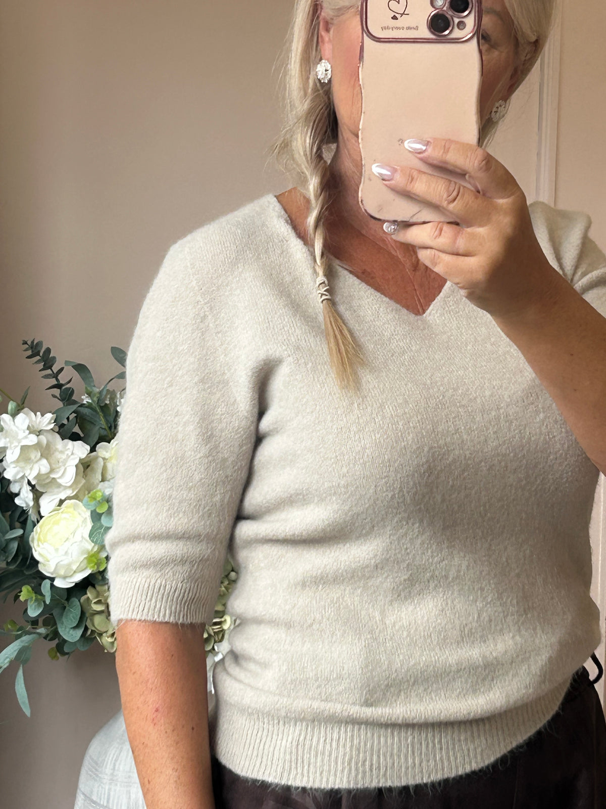 V Neck Short Sleeve Jumper - Oatmeal
