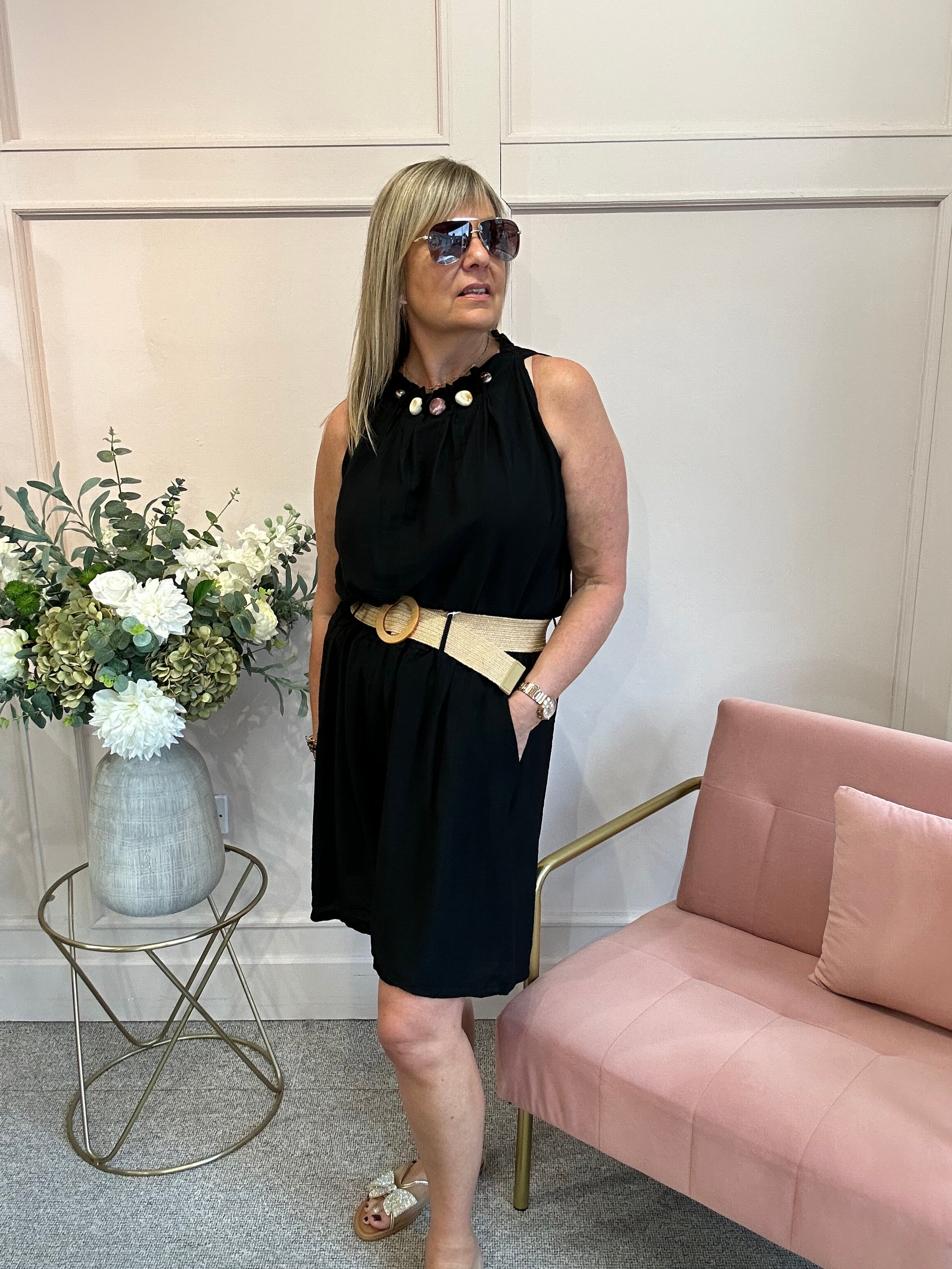 Ruched Neckline Sleeveless Top - Black