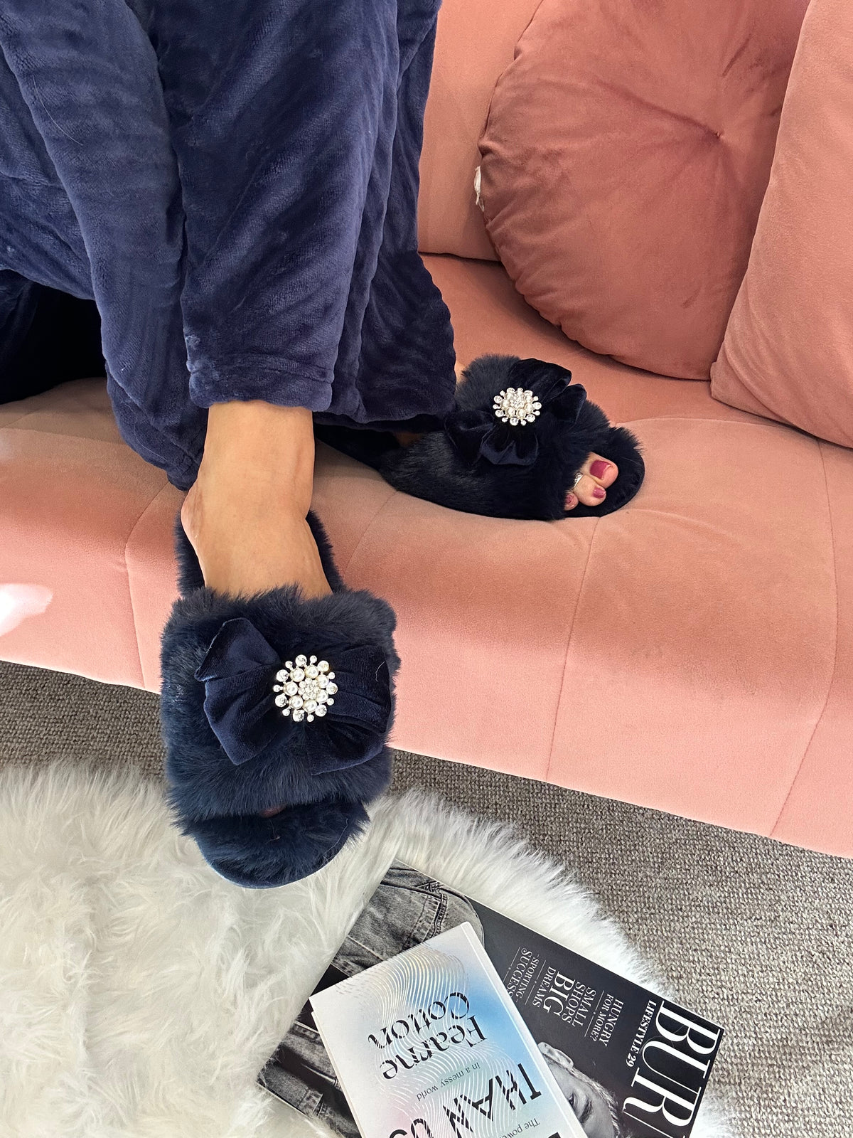Bow & Pearl Cosy Slipper/Mule - Rich Navy