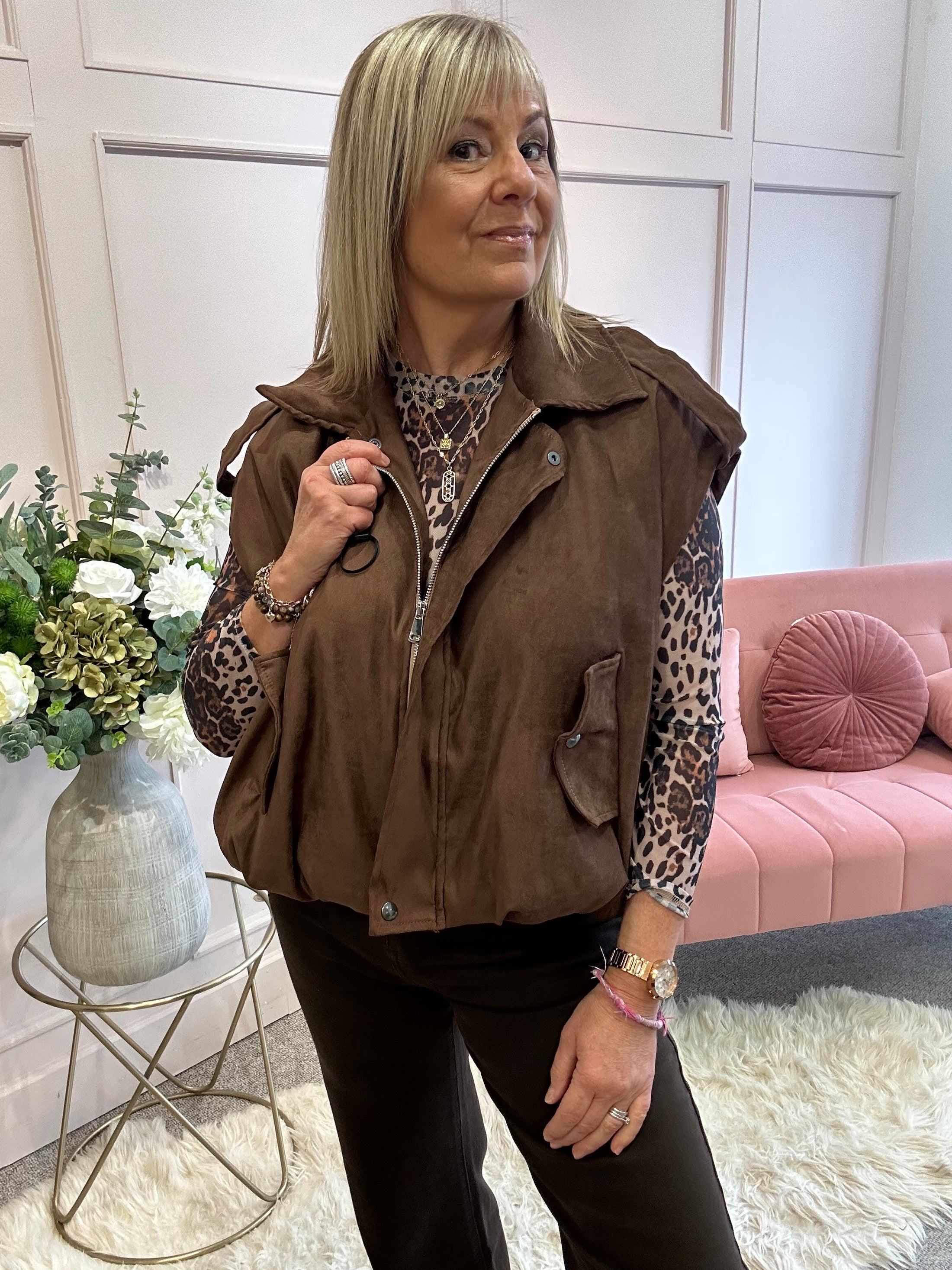 Suedette Sleeveless Jacket - Brown