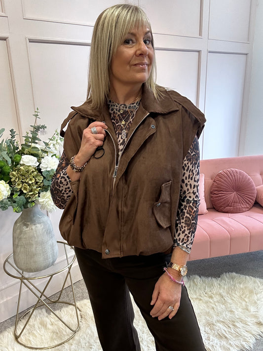 Suedette Sleeveless Jacket - Brown