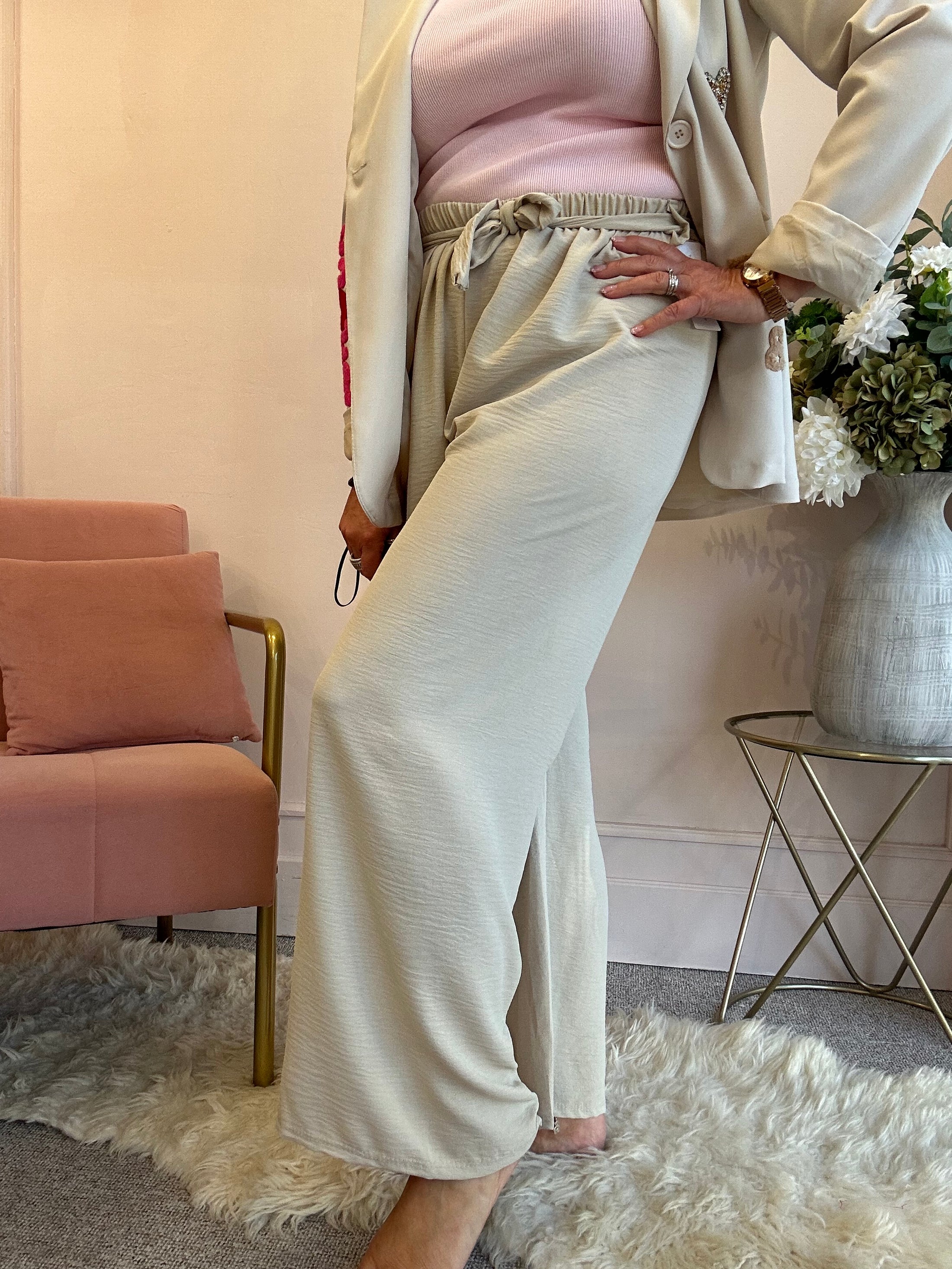 Tie Belt Wide Pant - Beige - Wardrobe By Simone