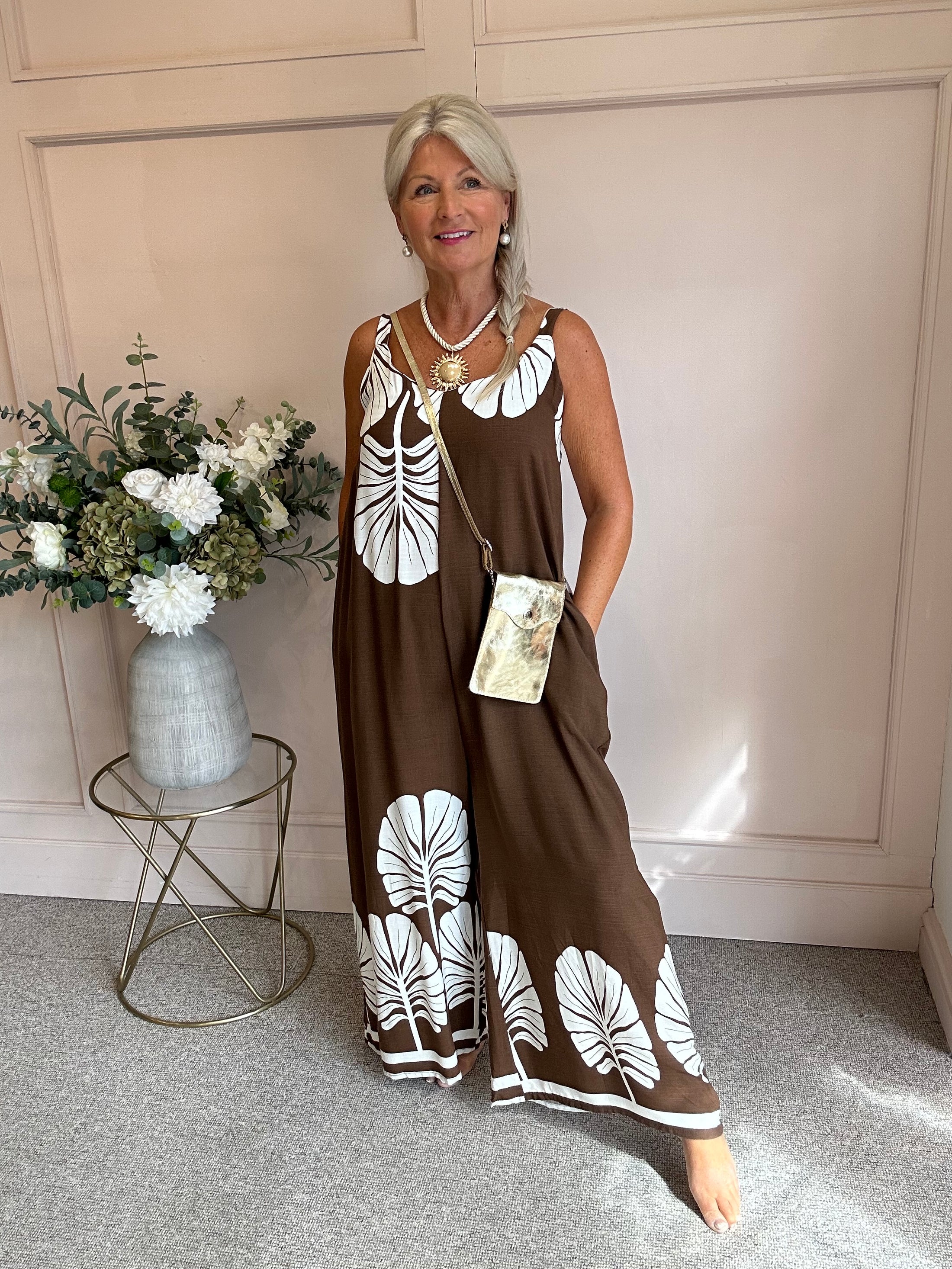 Palm Leaf Jumpsuit - Brown/Cream - Wardrobe By Simone