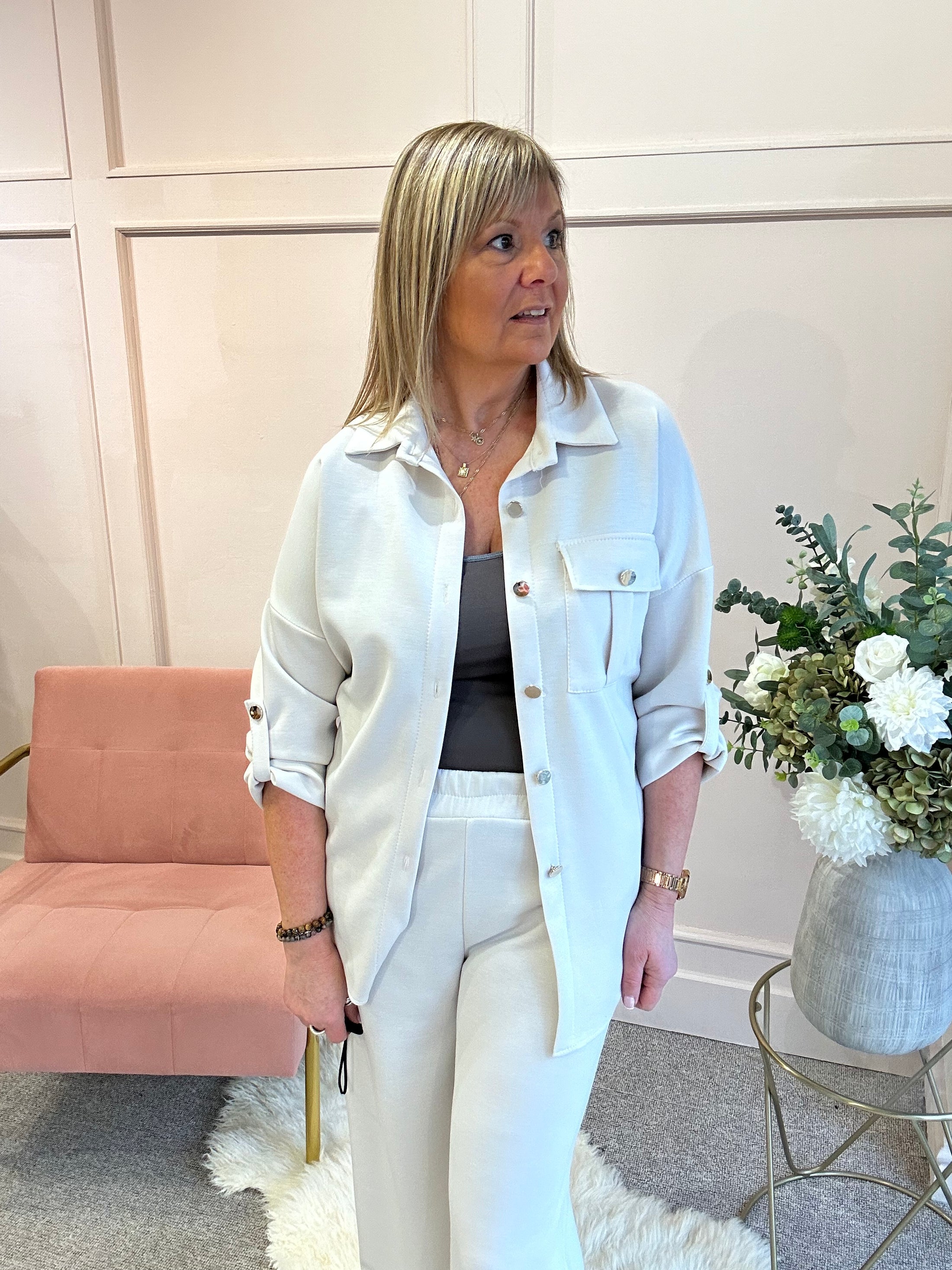 Tunic Shirt Jacket &Trouser Set - Cream