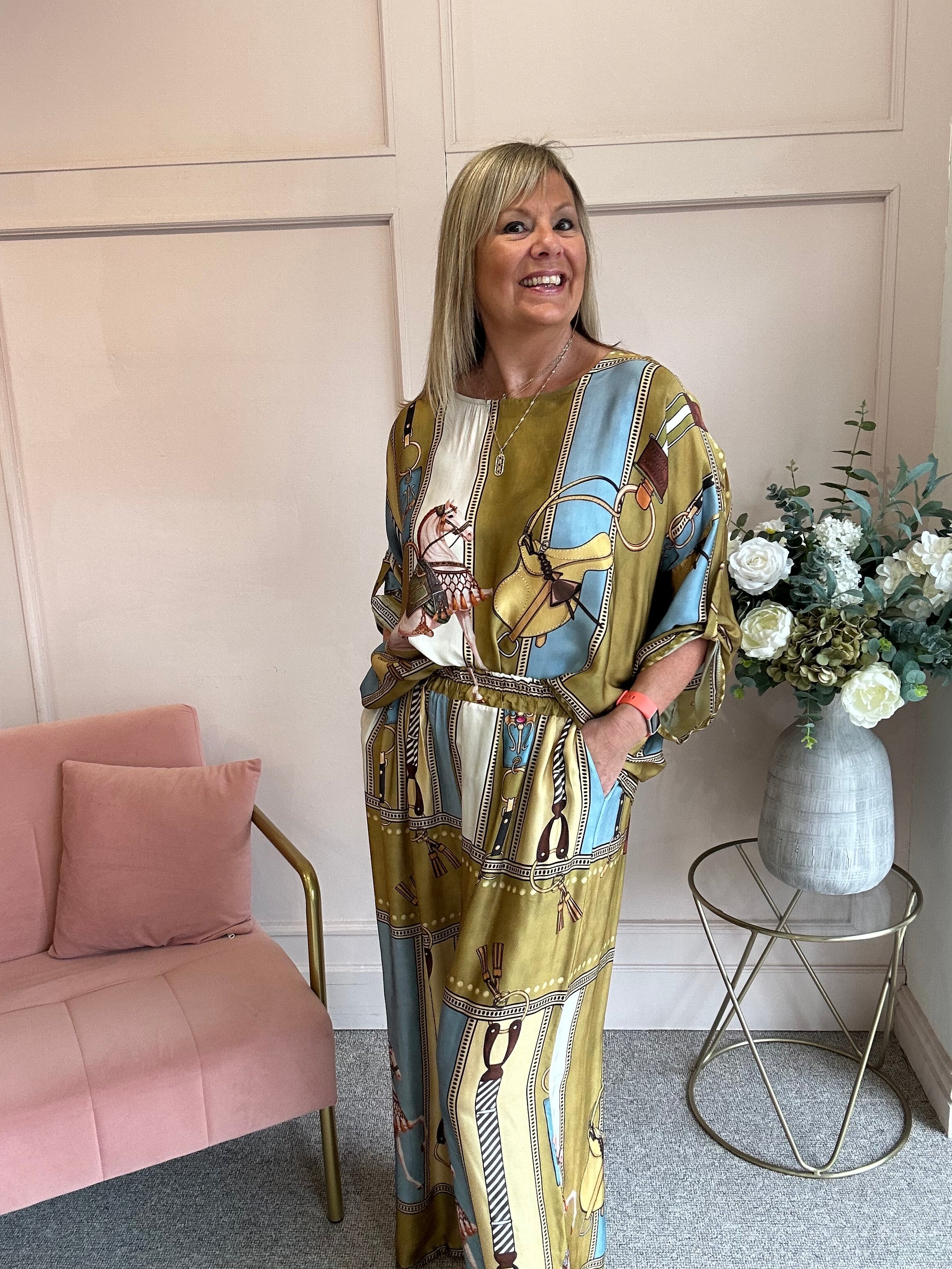 Horse & Bridle Silk Top - Mustard/Blue - Wardrobe By Simone
