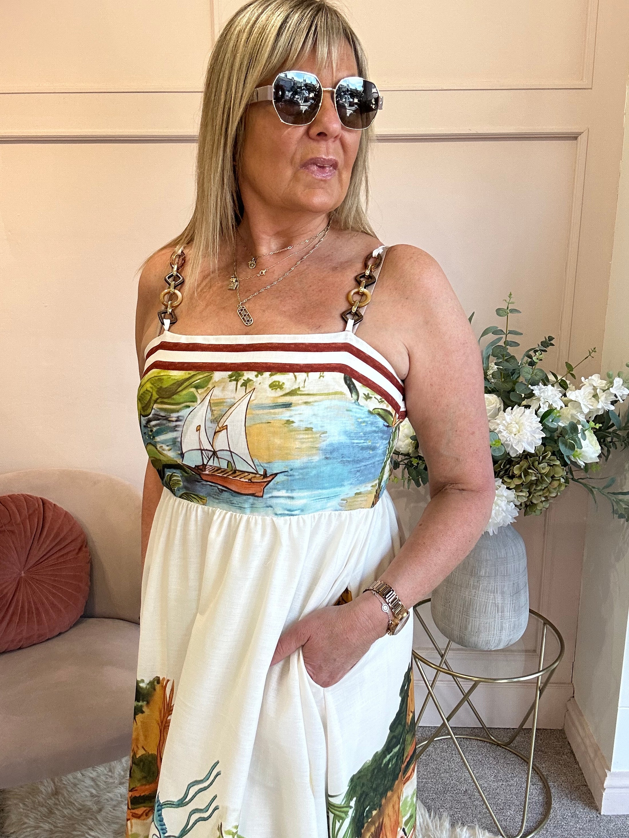 Lost In Paradise Maxi Dress - Cream/Green - Wardrobe By Simone