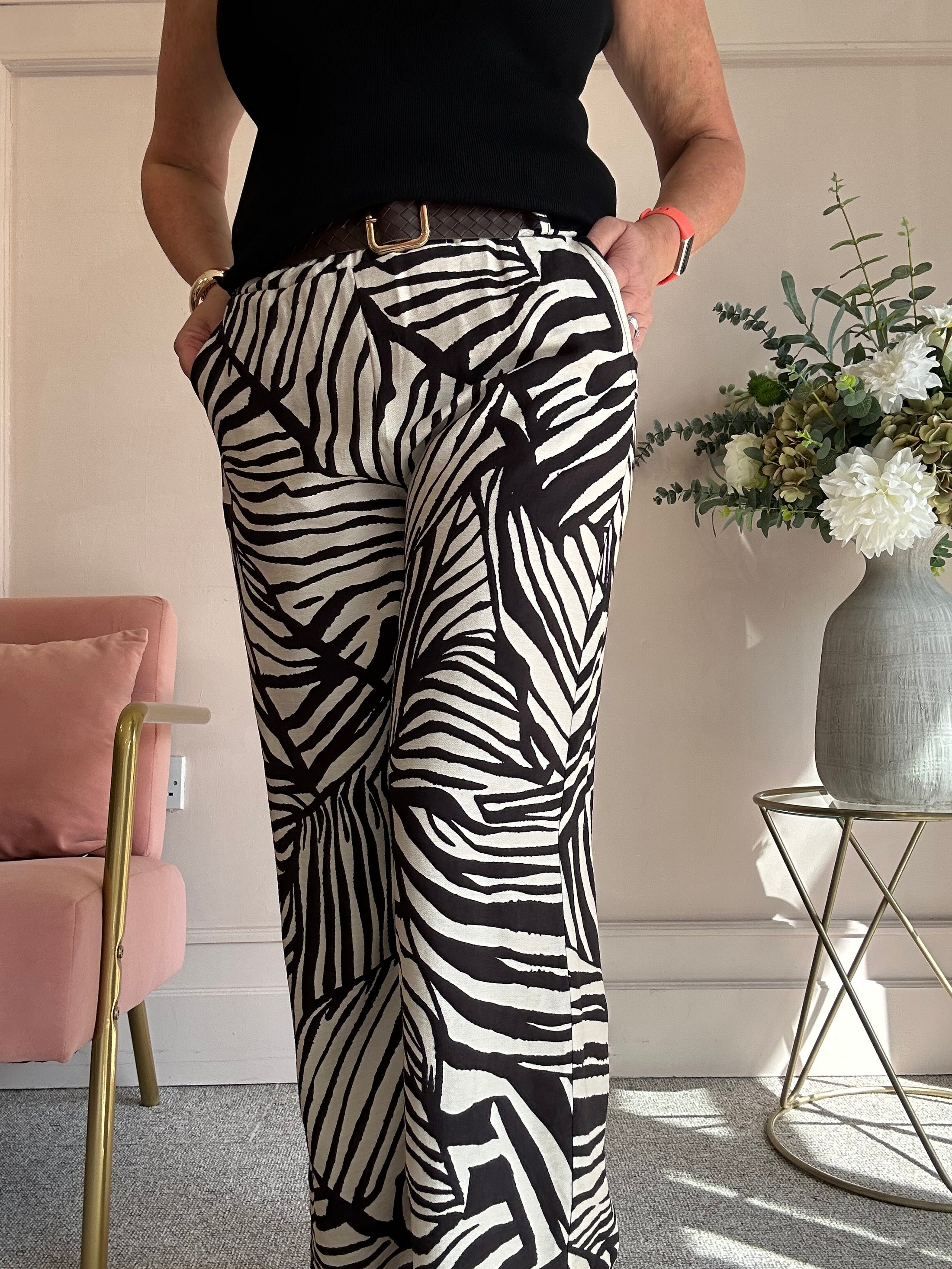 Belted Zebra Wide Pant - Black/Cream