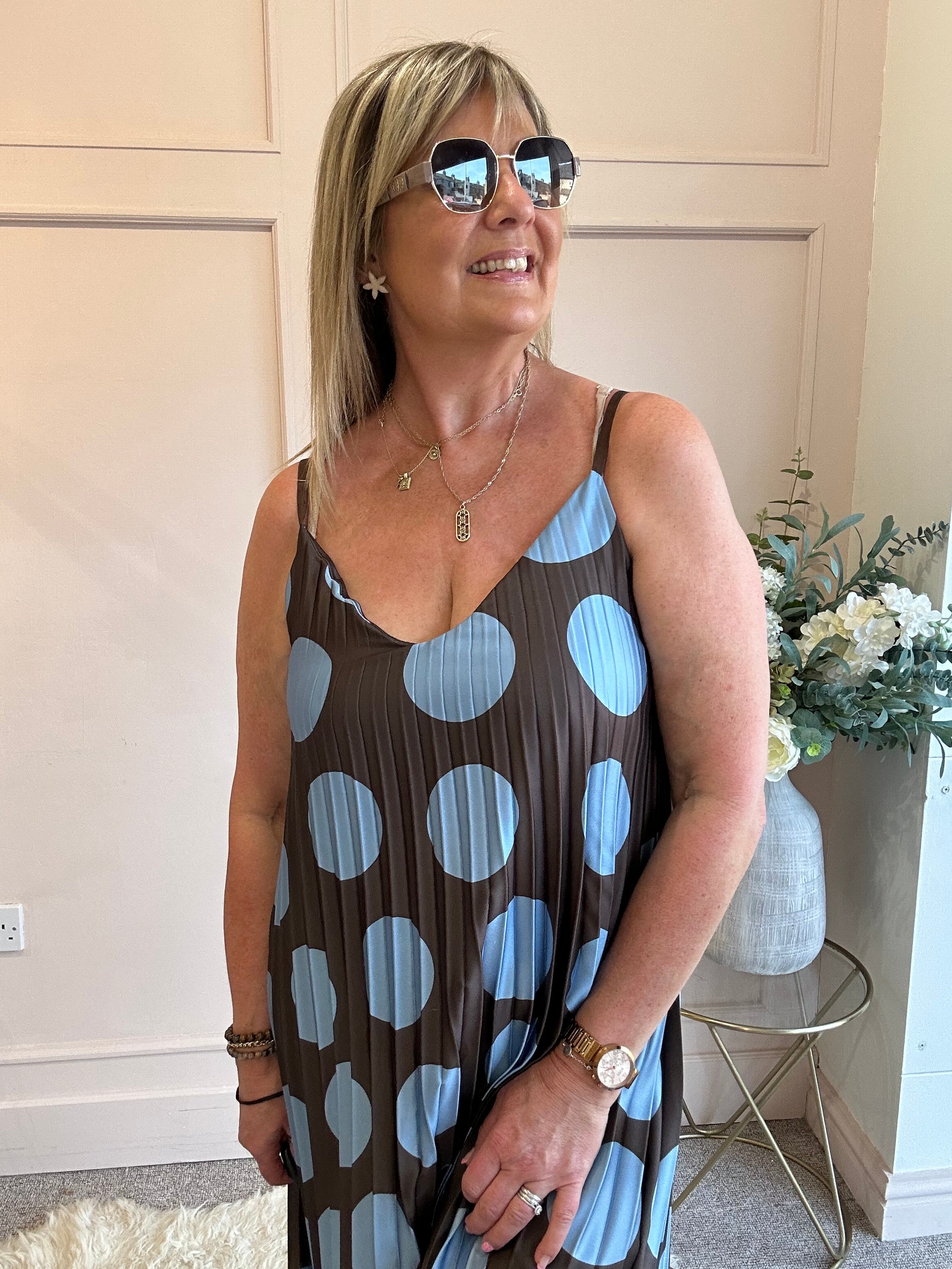 Spotty Dotty Pleated Maxi Sundress- Brown/Blue