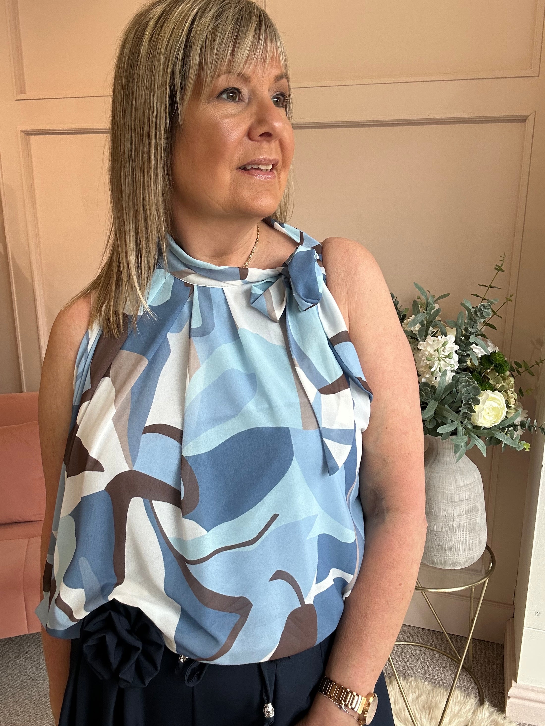 Leaf Print Bow Tie Sleeveless Top - Blue/Brown/White - Wardrobe By Simone