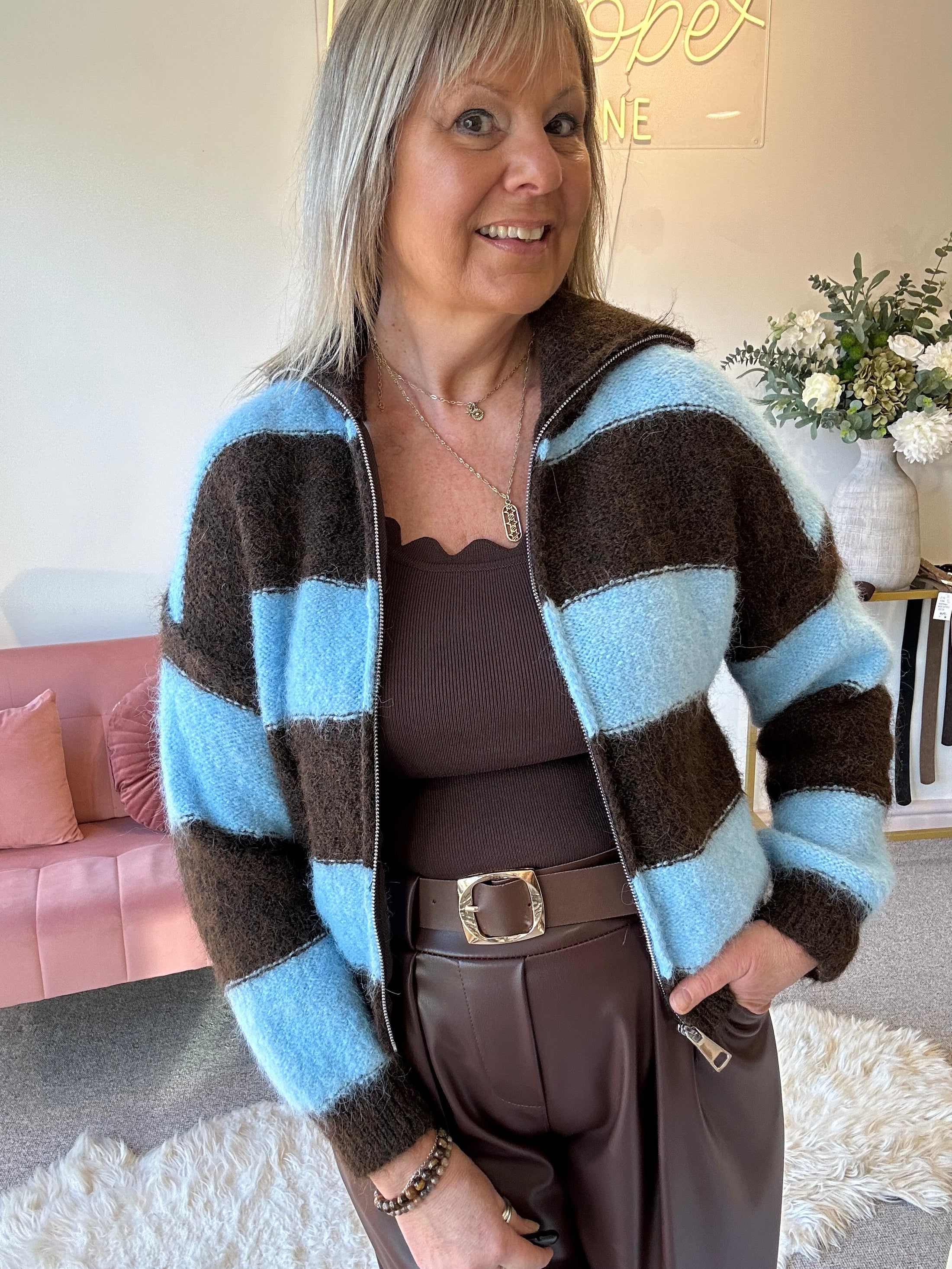 Bold Striped Zipped Up Cardigan -  Blue/Brown