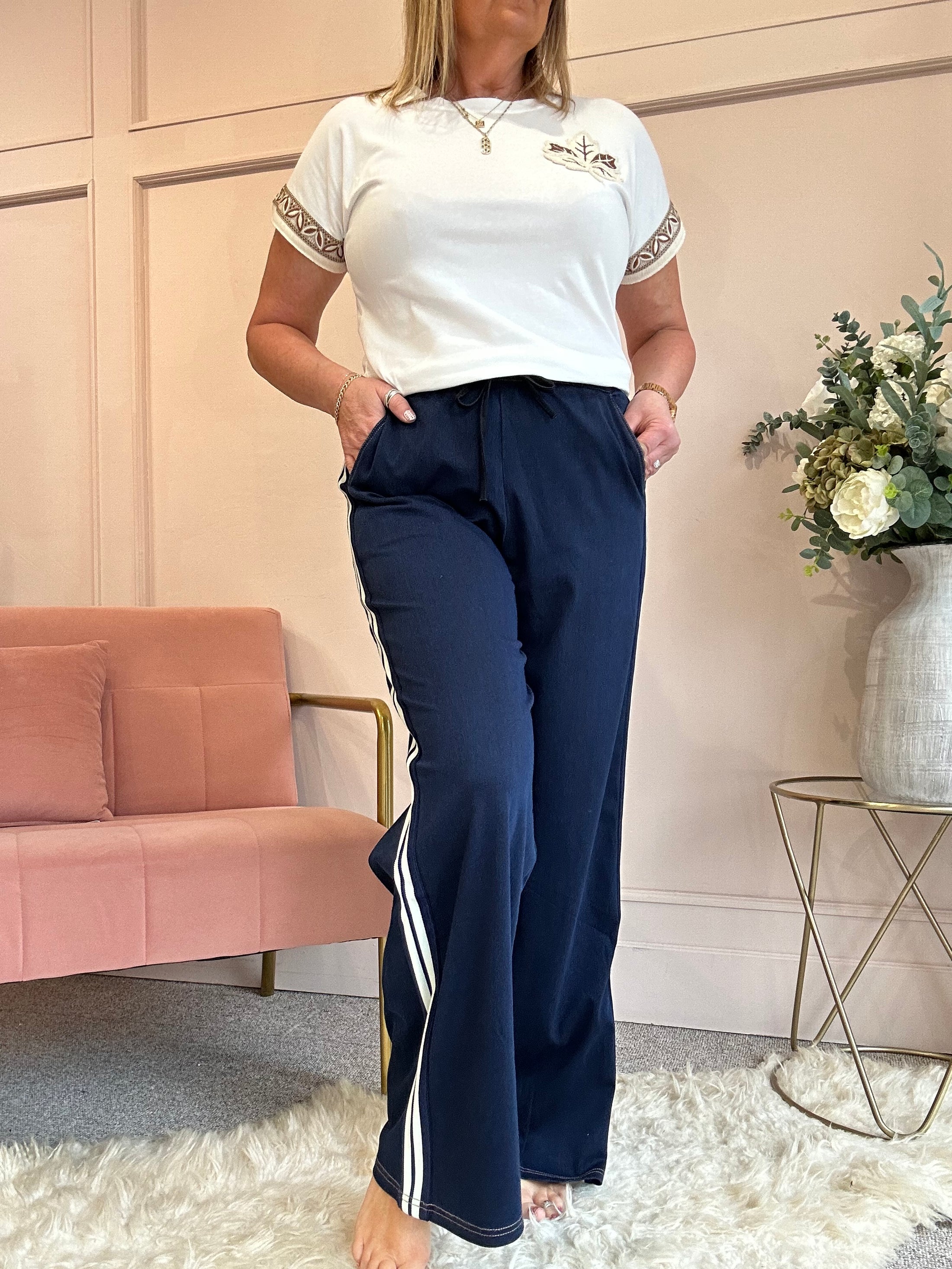 White Striped Edge Jogger Pant - Blue/White - Wardrobe By Simone