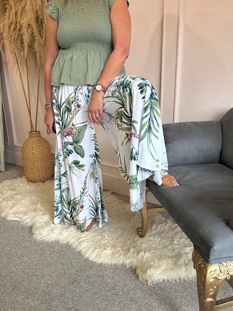 Botanical Flower Wide Leg Pant - White/Green - Wardrobe By Simone