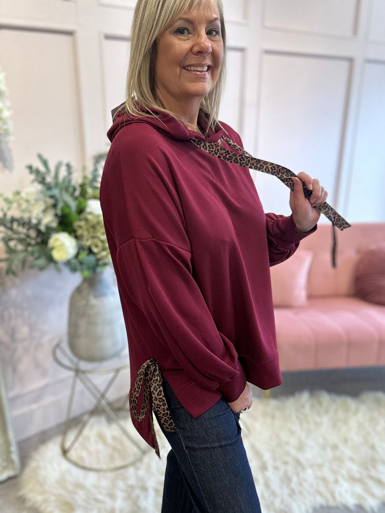 Cosy Leopard Tie Hoody  - Burgundy