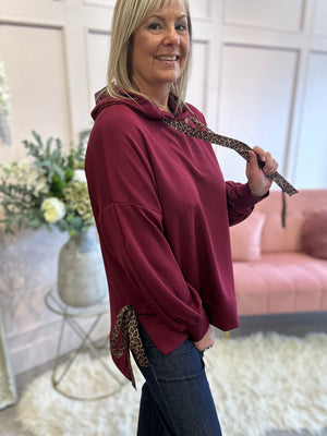 Cosy Leopard Tie Hoody  - Burgundy