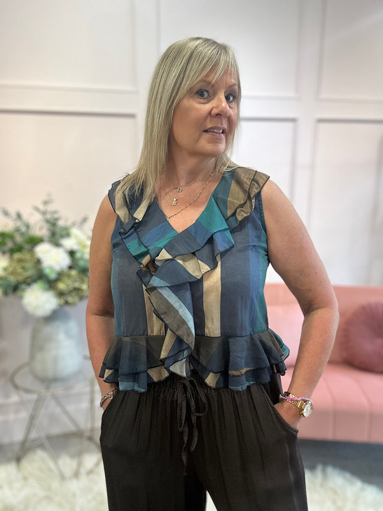 Bold Stripe Frill Edge Top - Blue/Brown - Wardrobe By Simone