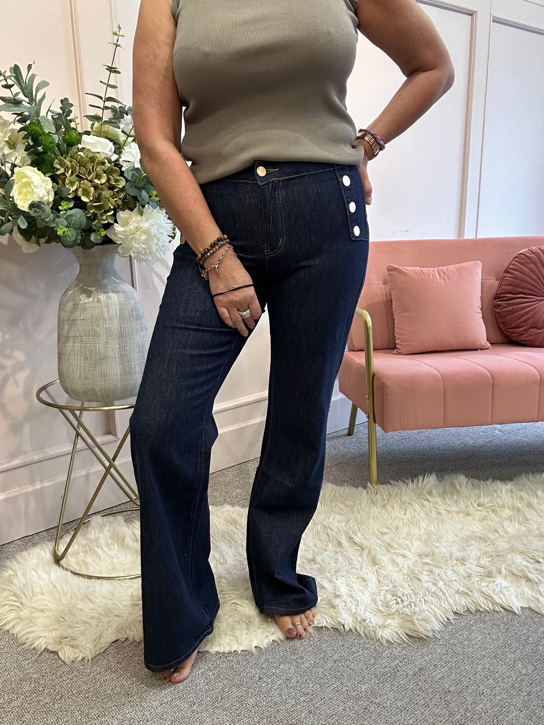 Gold Button Detail Wide Jean - Denim