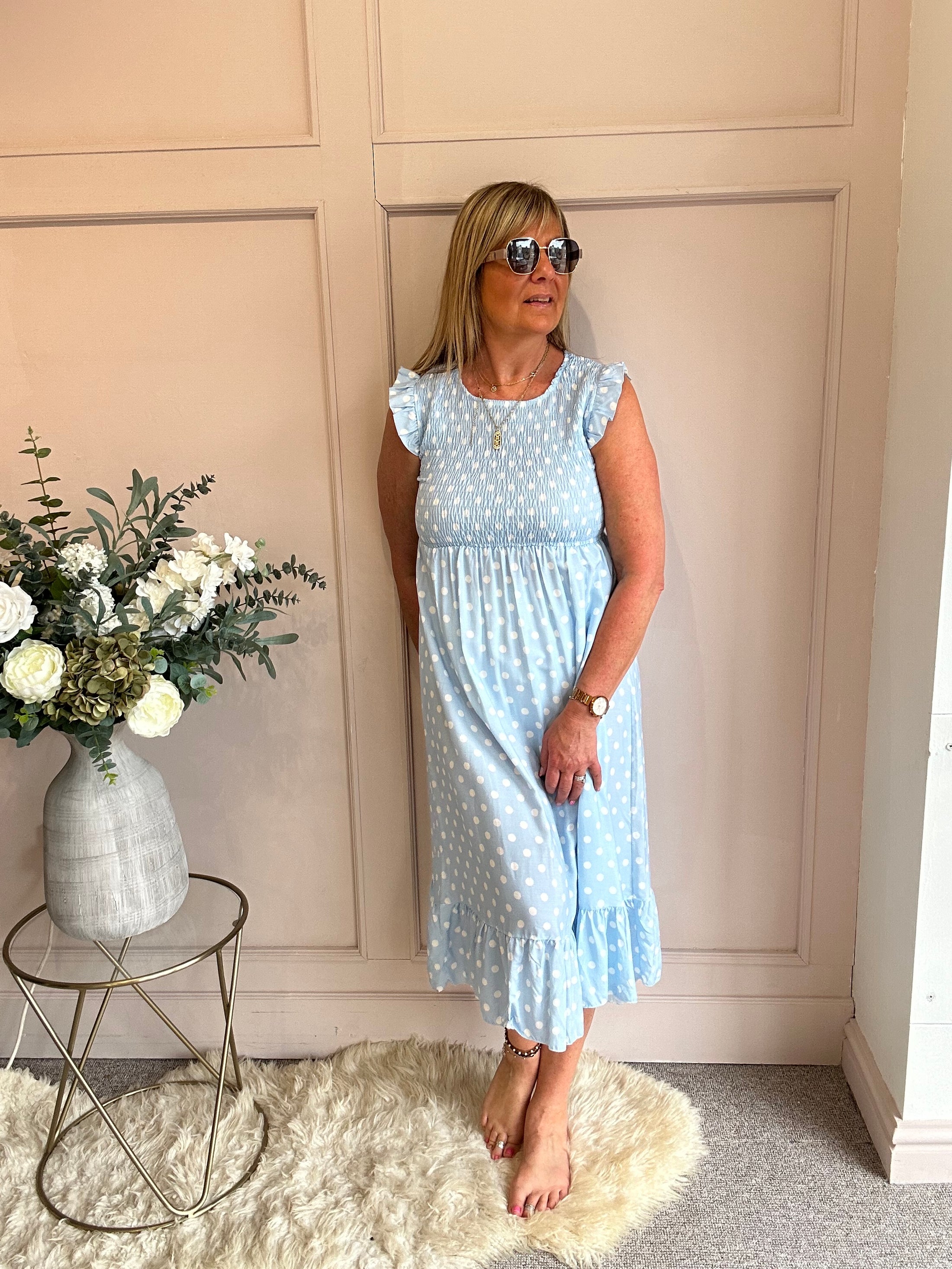 A Spotty Dotty Dress - Pale Blue/Cream