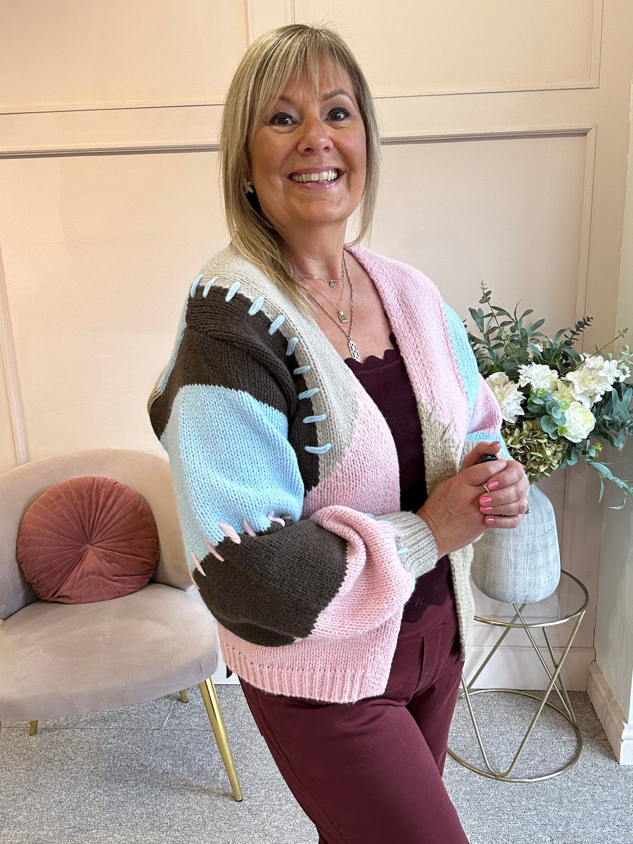 Open Block Coloured Cardigan- Pink/Blue/Latte