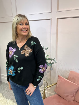 Sequin Flower Jumper - Black/Mix