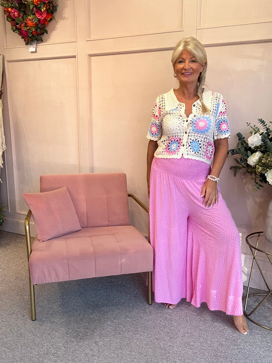Dotty Look Wide Leg Pant - Pink/White - Wardrobe By Simone