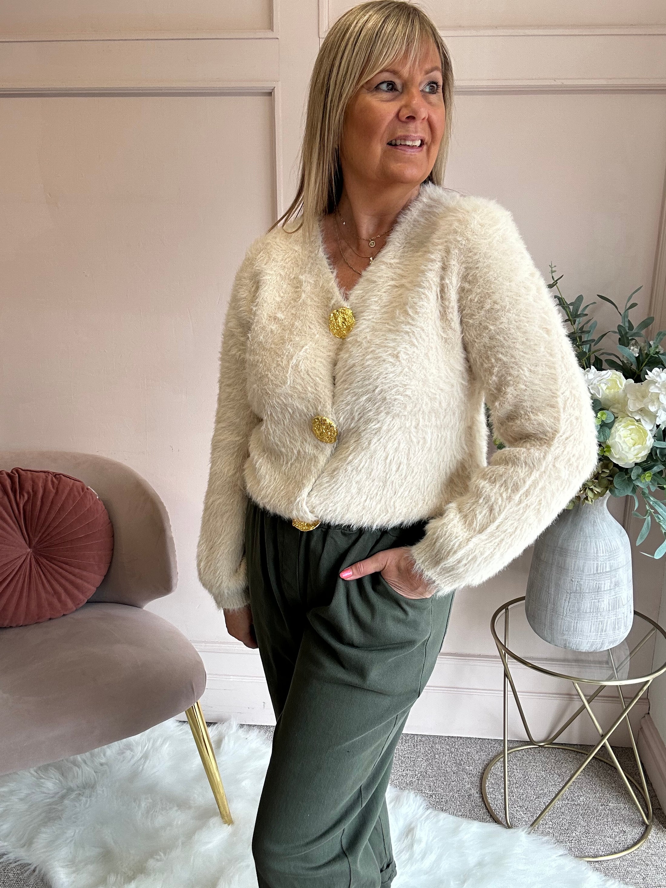 Fluffy Gold Button Cardigan - Latte