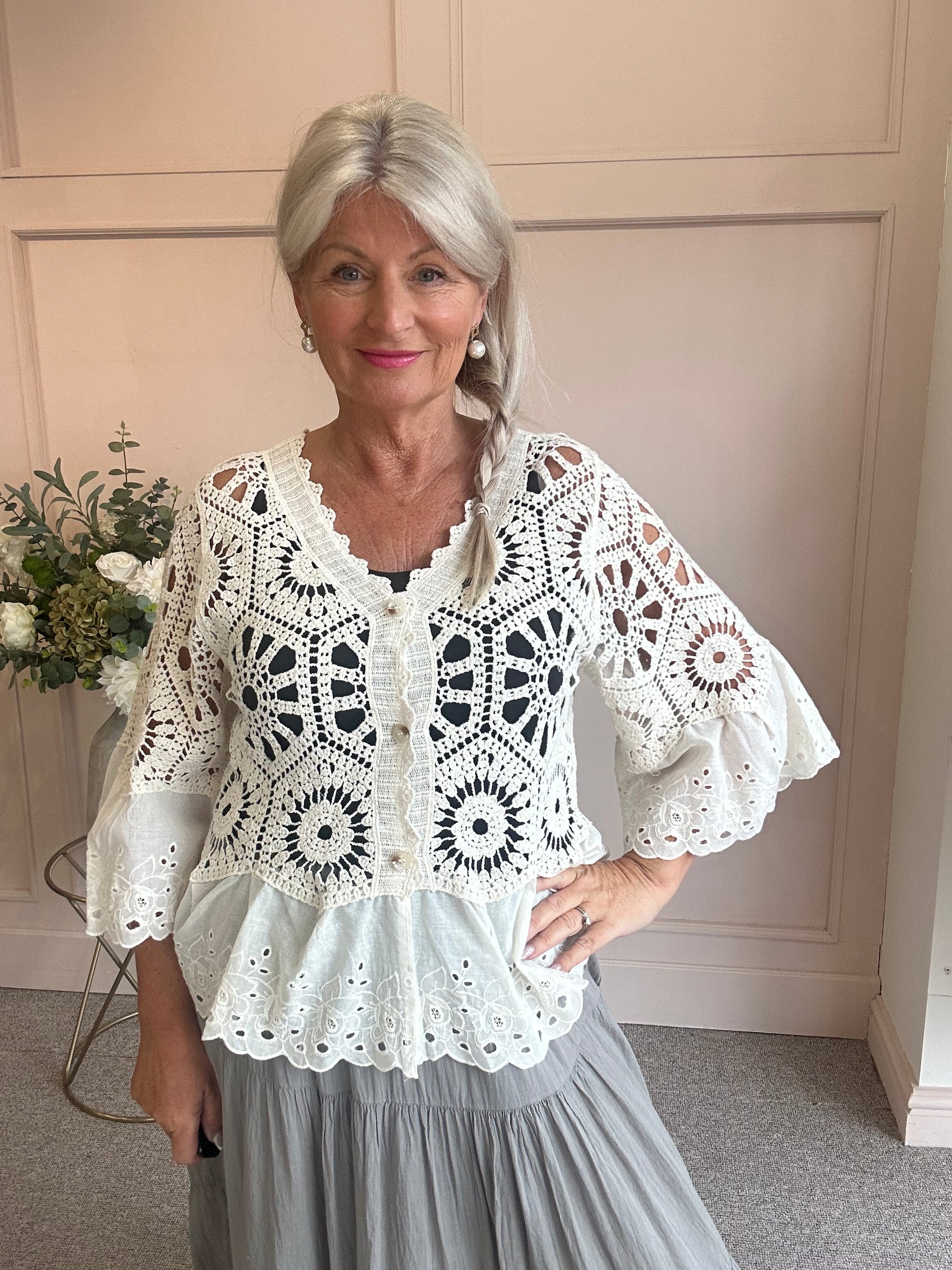 Crochet With Frill Edge Cardigan - Cream - Wardrobe By Simone