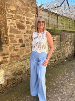 Crochet Pearl Gem Embellished Top - White