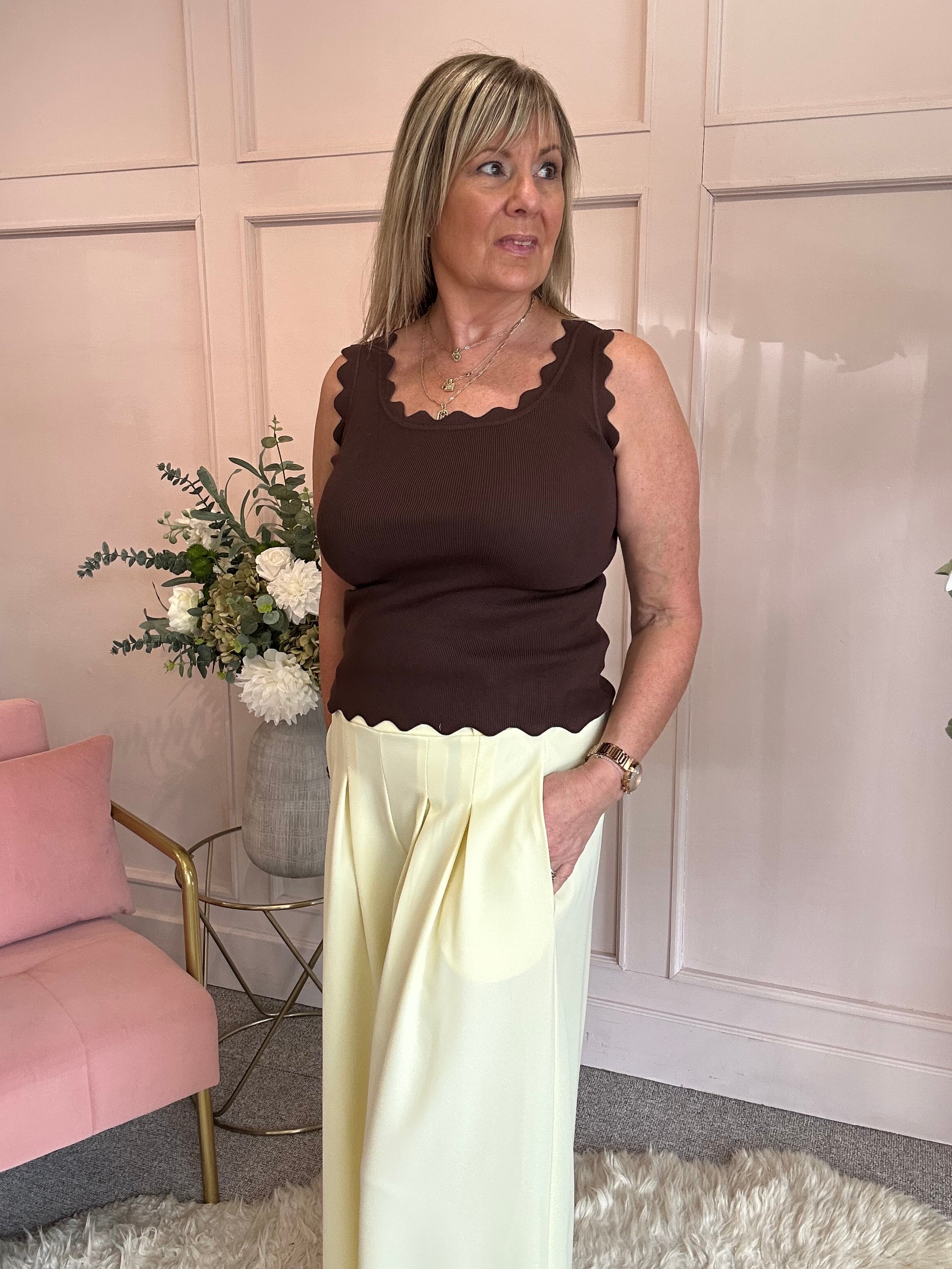 Scalloped Edged Vest Top - Brown