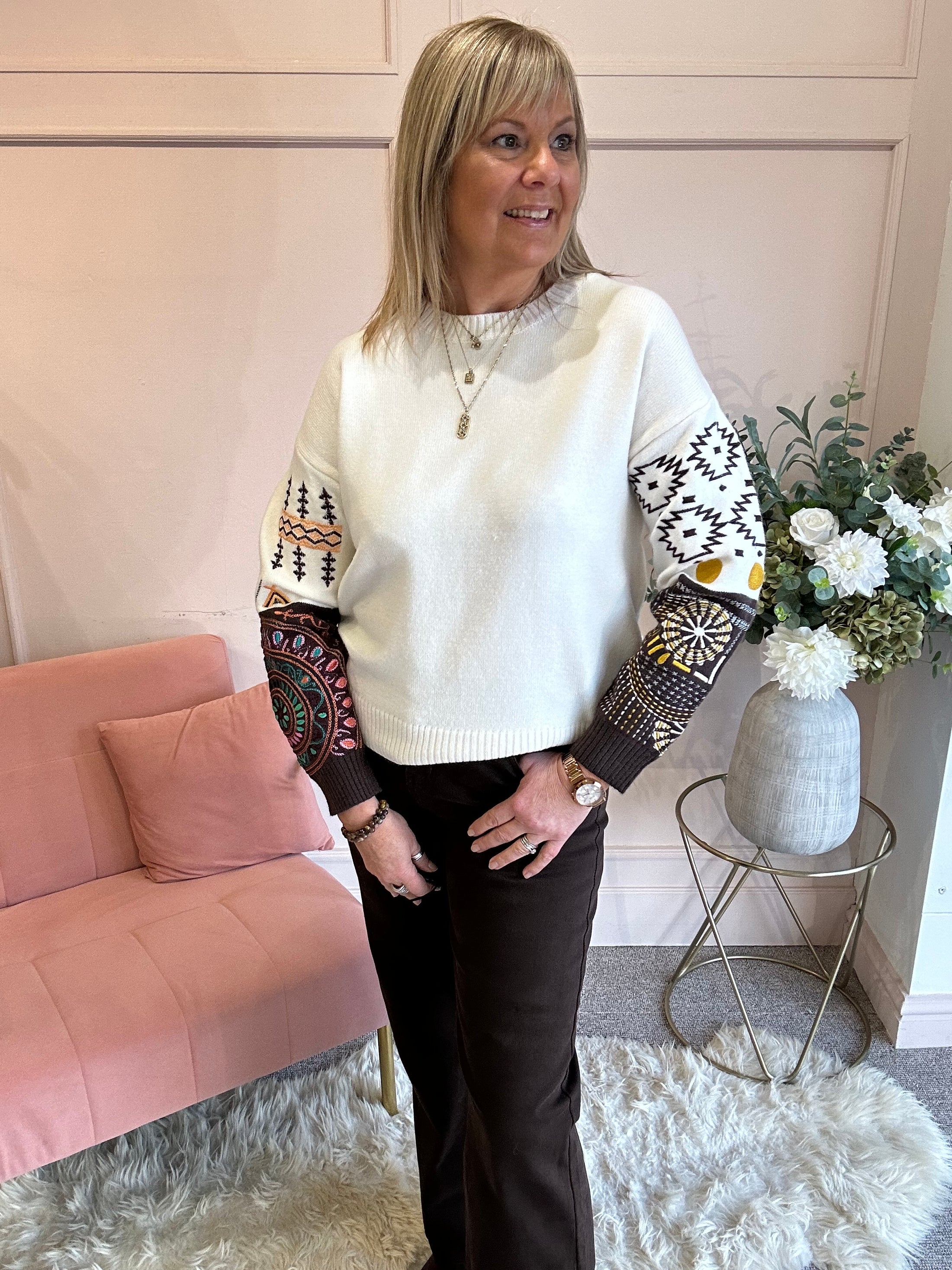 Embroidered Tribal Accents Jumper - Cream/Mix