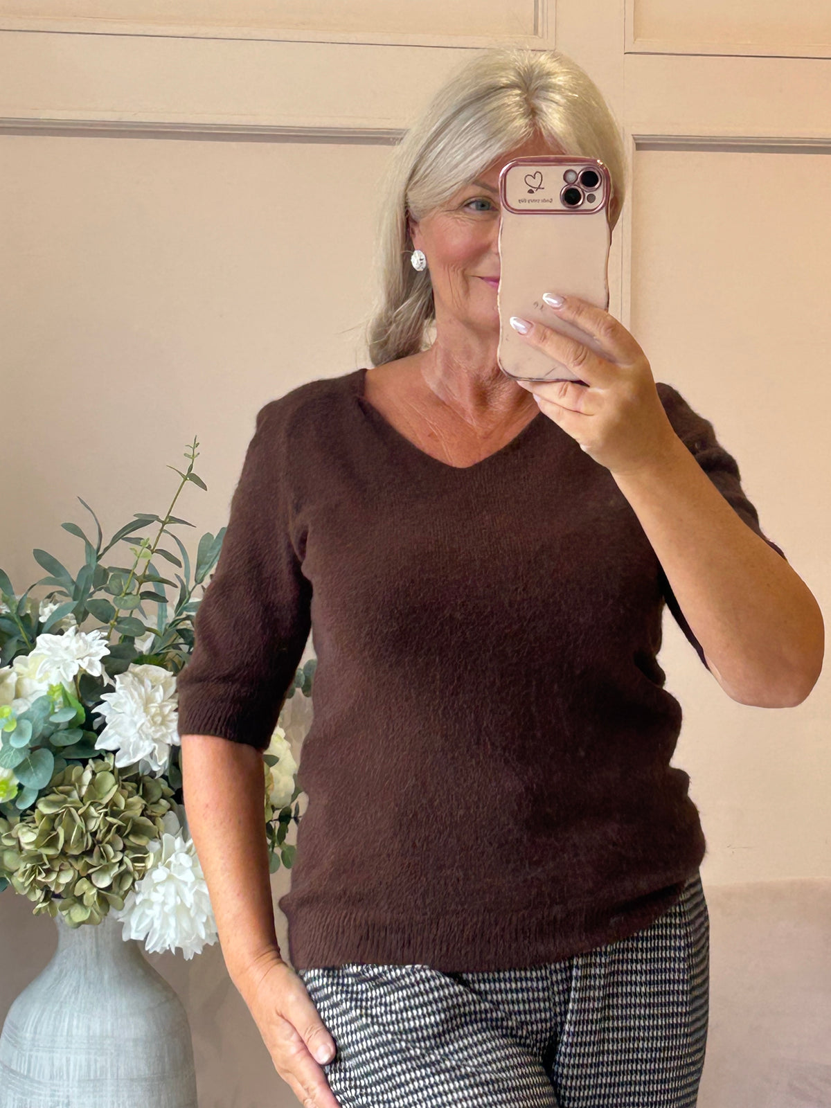 V Neck Short Sleeve Jumper - Chocolate