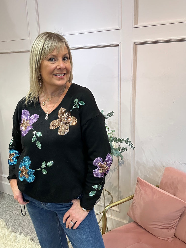 Sequin Flower Jumper - Black/Mix