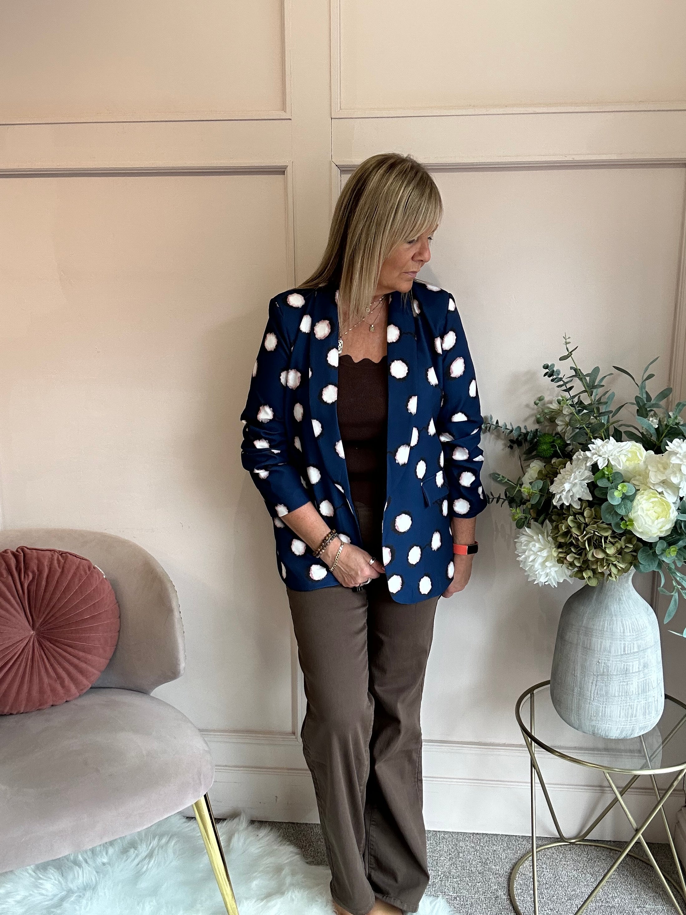 Spot & Ruched Sleeve Blazer - Blue/Cream