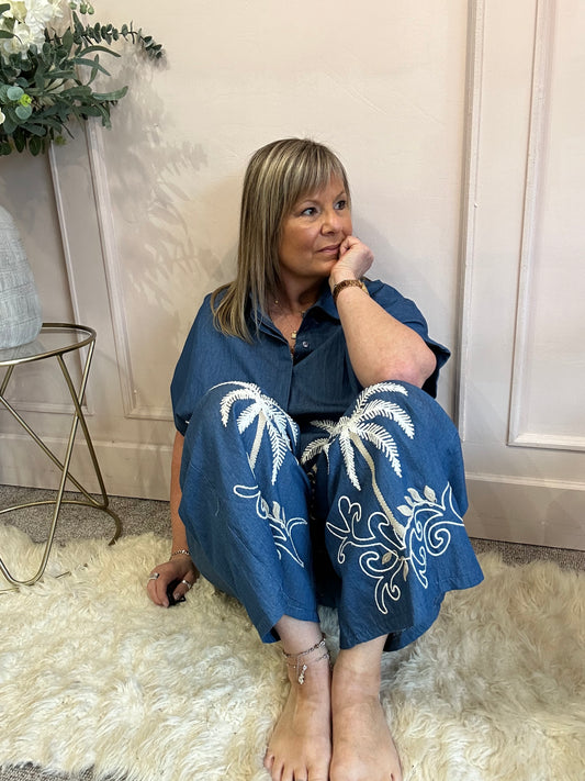 Palm Tree Detail Shirt & Pant Set - Mid Blue - Wardrobe By Simone