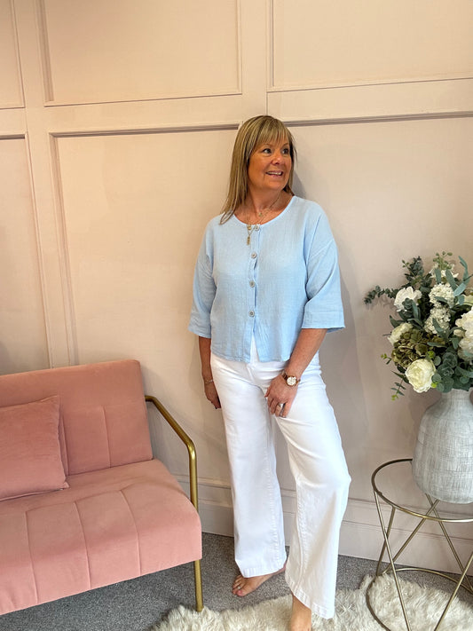 Cotton Buttoned Top  - Powder Blue - Wardrobe By Simone