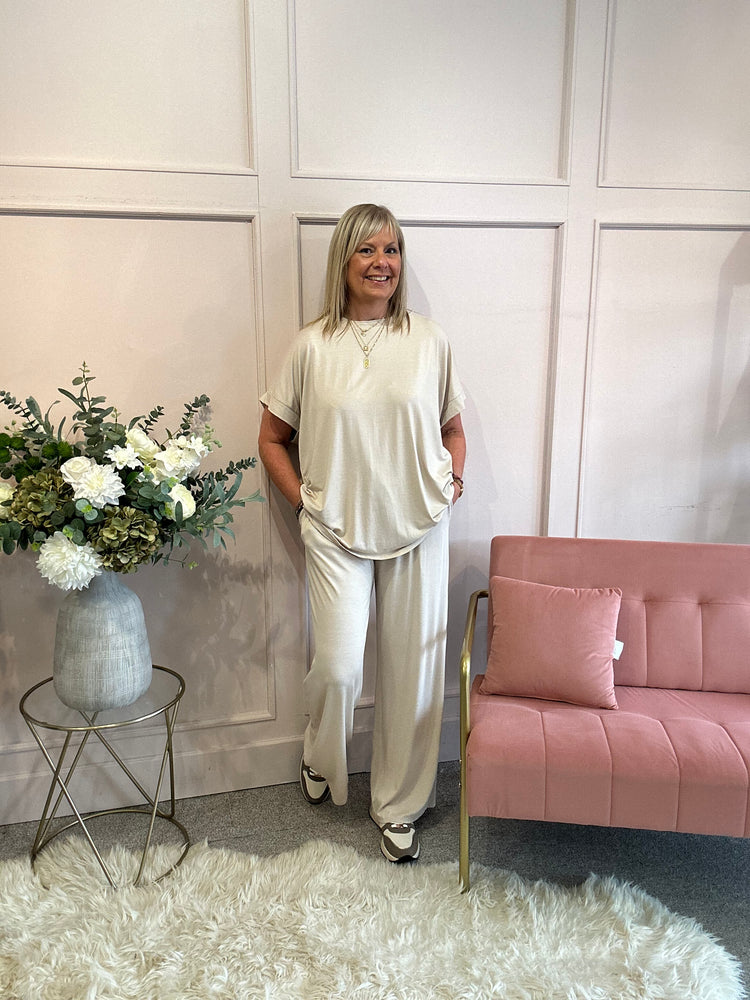T Shirt & Wide Pant Lounge Set - Creamy Beige - Wardrobe By Simone