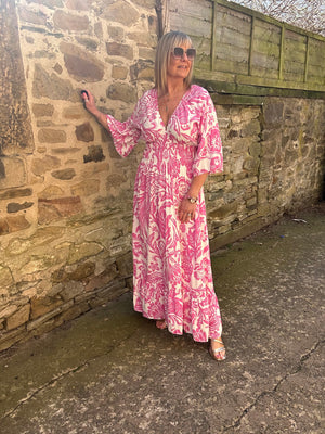 Flower Leaf Mix Maxi Dress - Pink/White