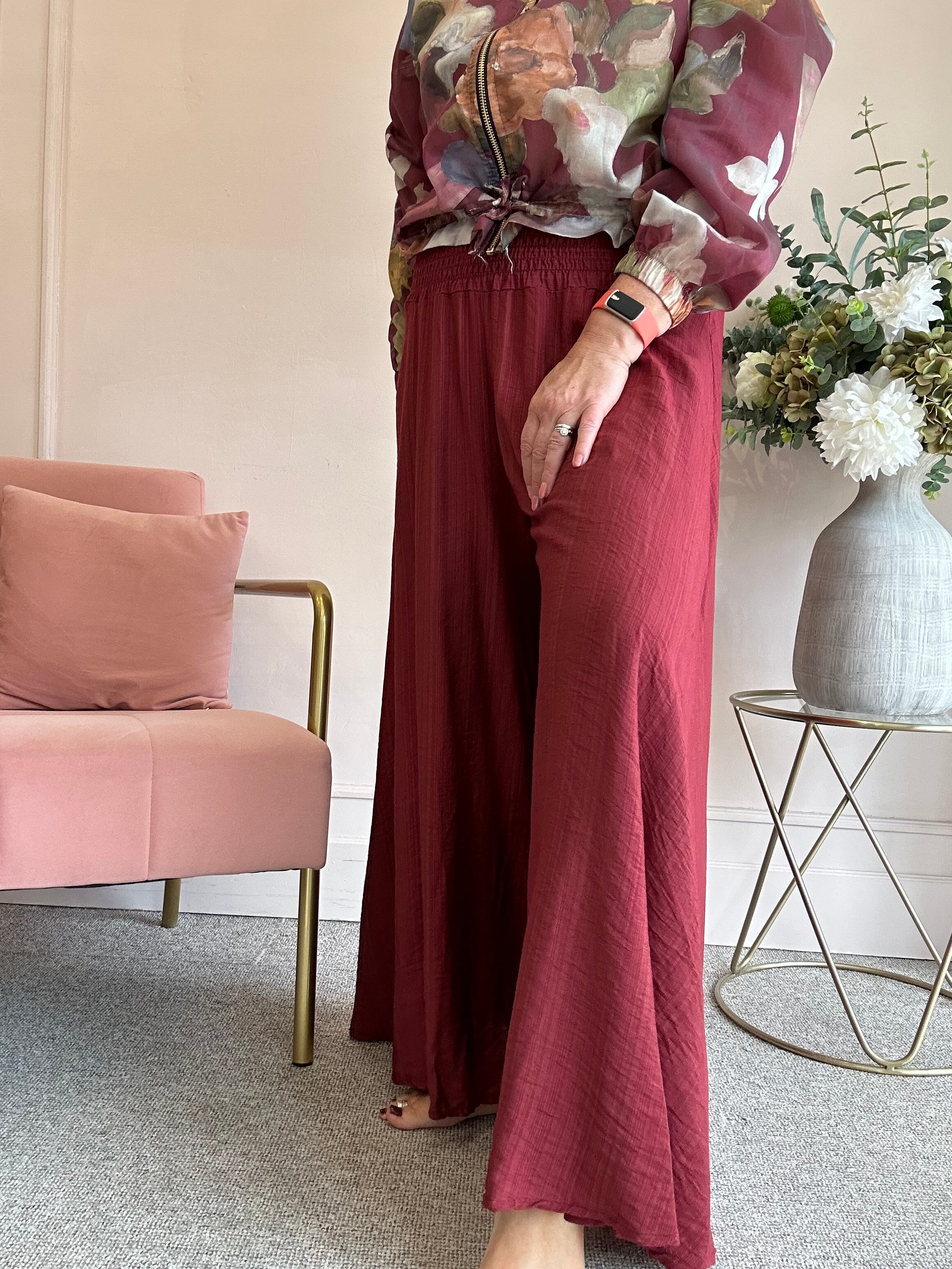 Deep Elasticated Waist Wide Pant - Burgundy