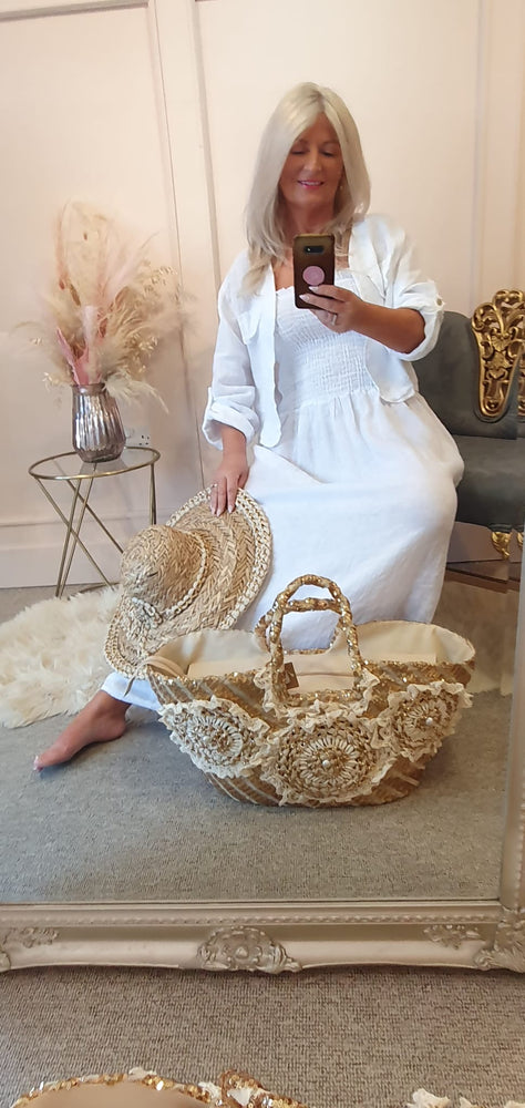 Broderie Anglaise & Shell  Large Straw Tote Bag - Straw/Gold - Wardrobe By Simone
