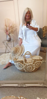 Broderie Anglaise & Shell  Large Straw Tote Bag - Straw/Gold - Wardrobe By Simone